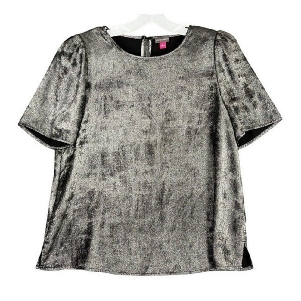 Vince Camuto Metallic Foil Velvet Puff Short Sleeve Blouse Silver Black M Womens